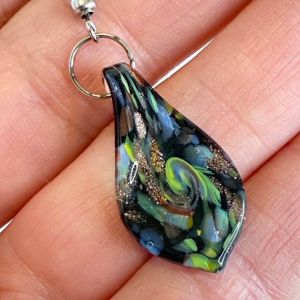 Lampwork Glass Earrings Celestial Dangle Teardrop Swirl Multicolor Silver Tone - Picture 3 of 12